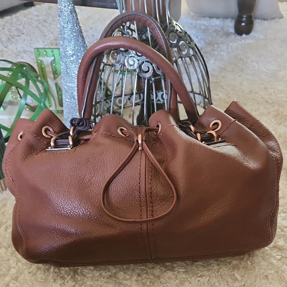 Jessica Simpson Drawstring Leather Satchel with Rose-Gold Hardware